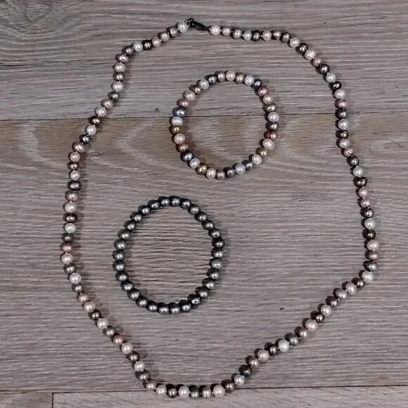 Multicolored Cultured Pearl Necklace and 2 Bracelets Set - Picture 2 of 8